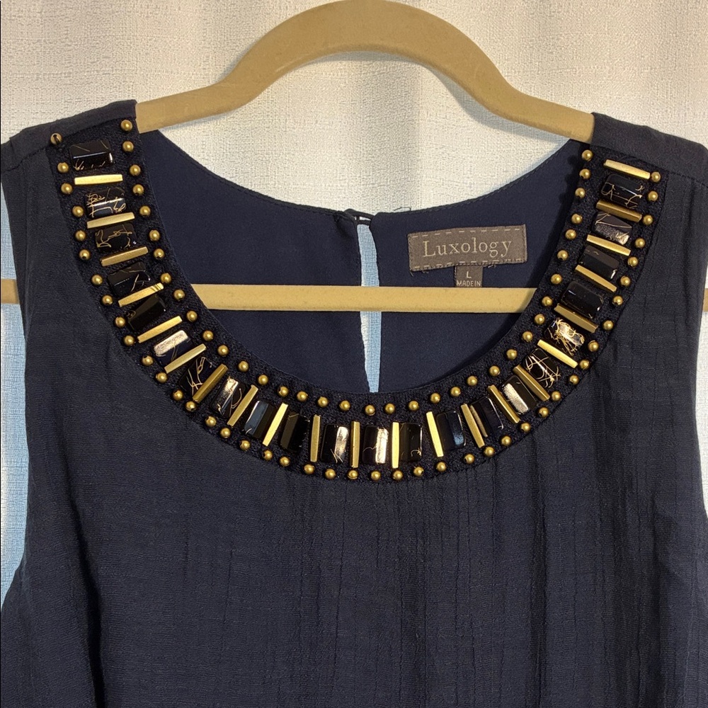 Luxology Navy Maxi Dress with Gold Accents Size Large
